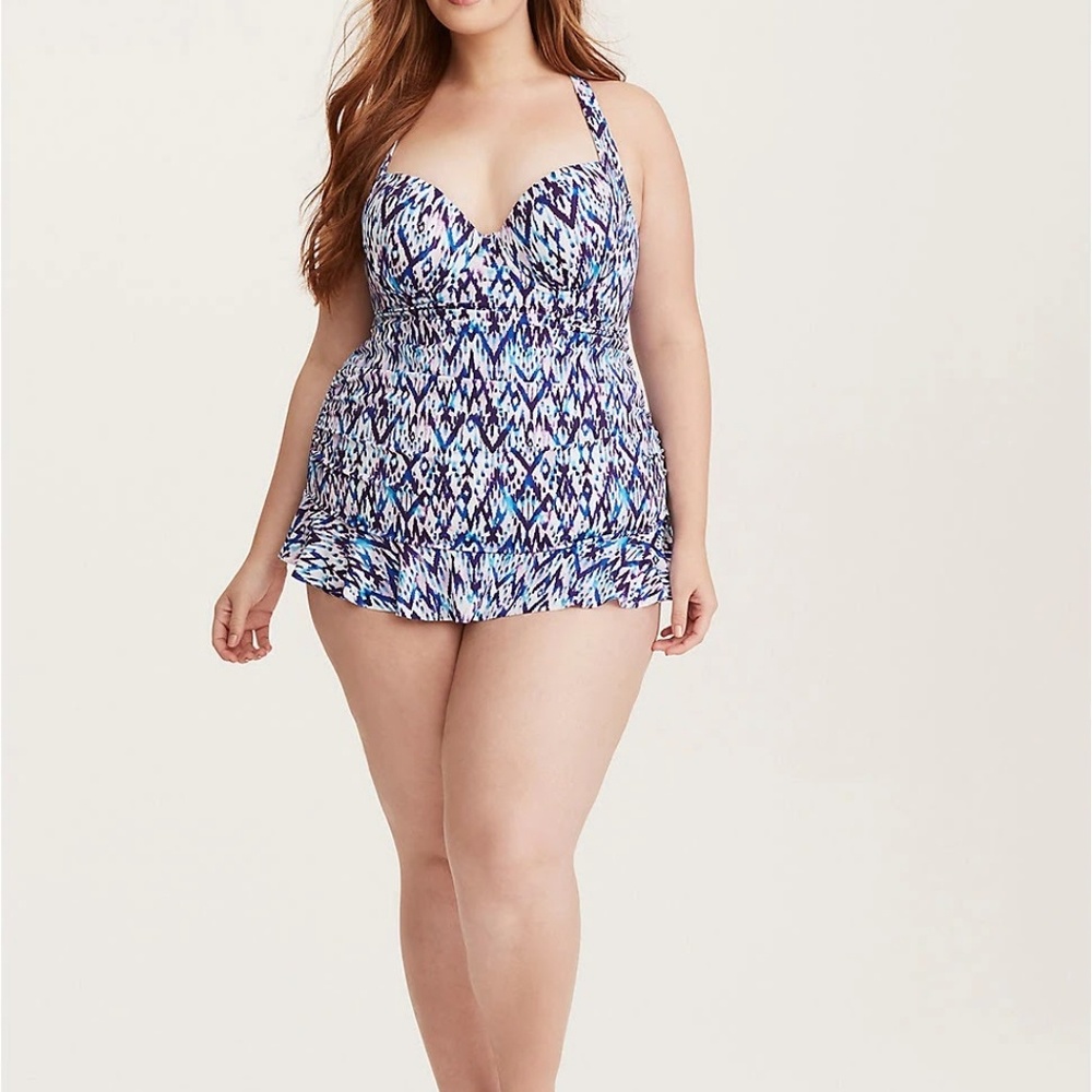 NWT Ikat Print Ruffle Skirt One Piece Swim Dress